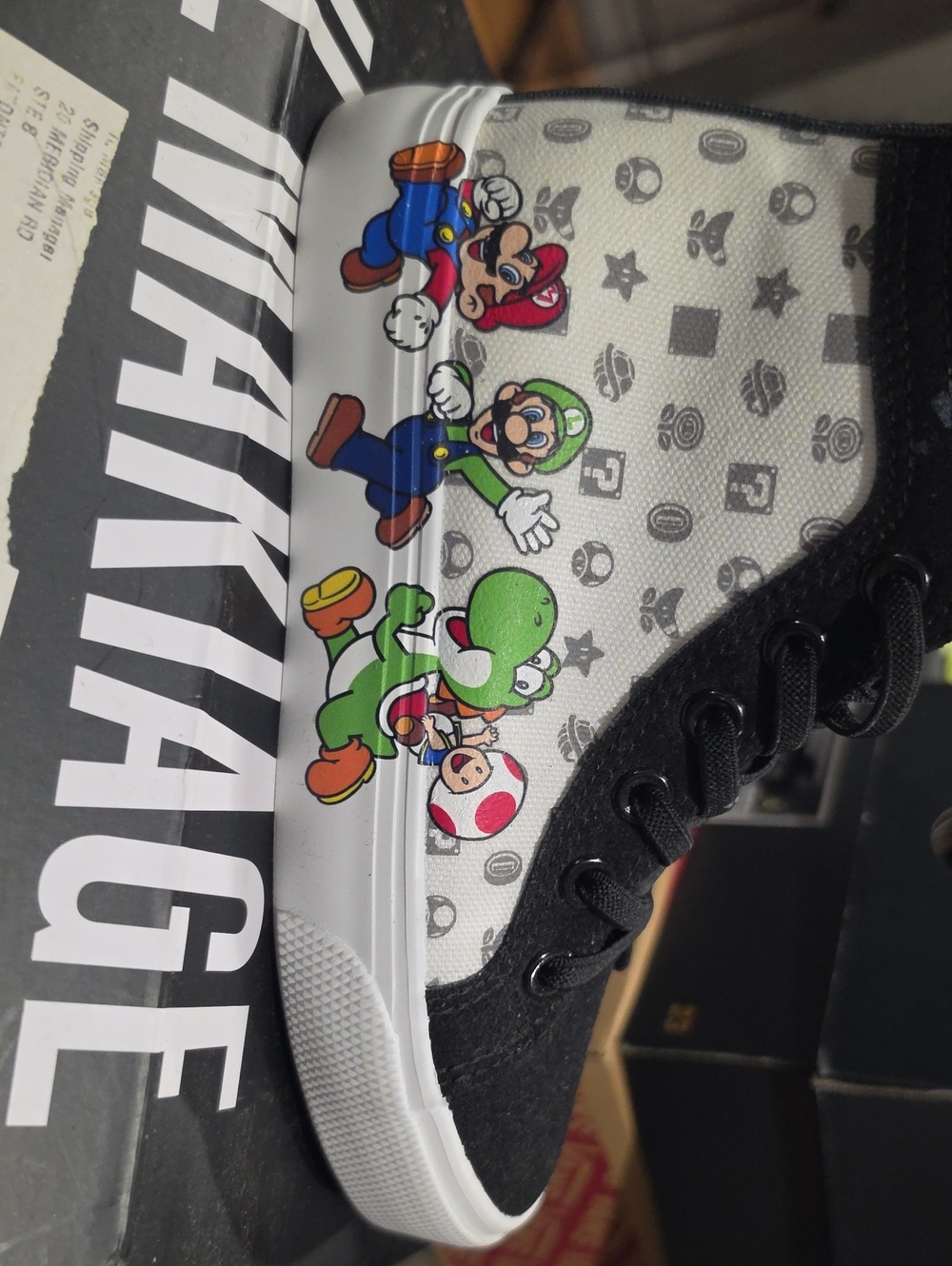 Kids Black High-Top Sneakers with Mario & Yoshi Graphics